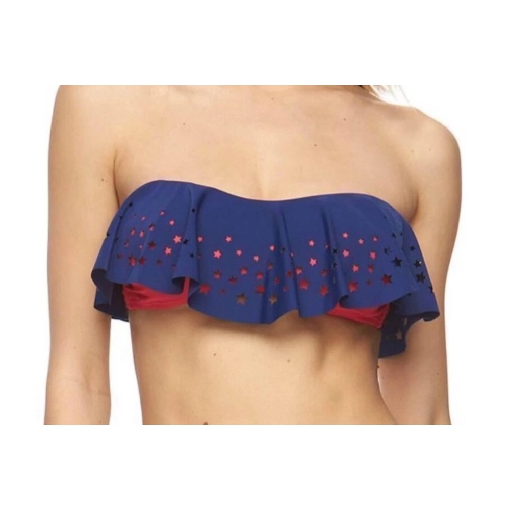 Endless Sun  Blue and Red Ruffle Bikini Top, Patriotic, Stars, size XL